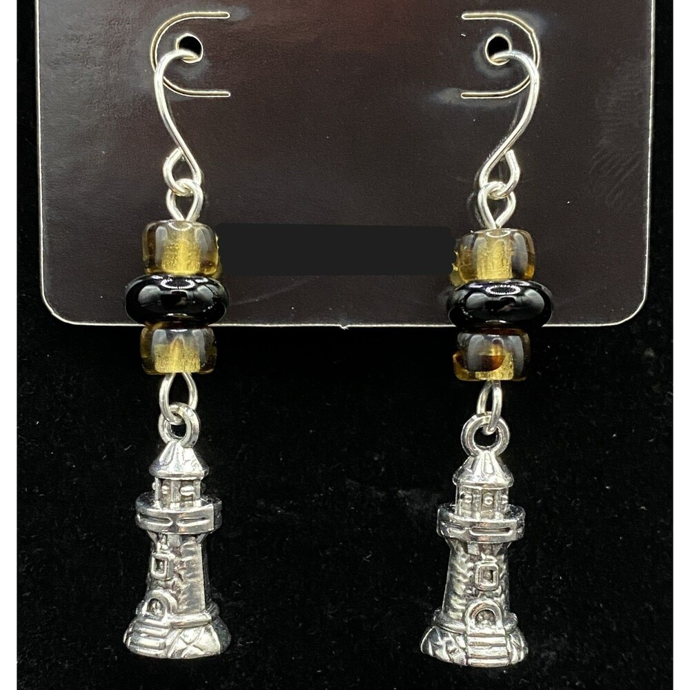 Handmade Lighthouse with Yellow & Black Glass Bead Earrings by Neanie-Bot